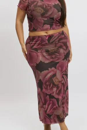 Multi Floral Mesh Skirt With Bow Trim Mid Length