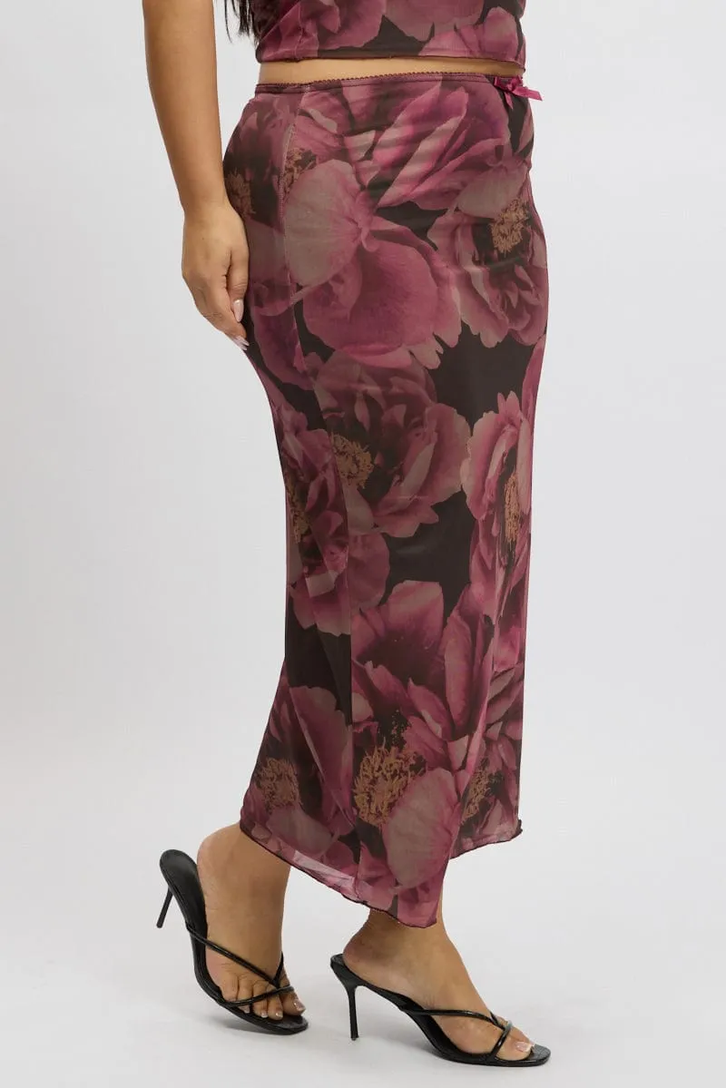 Multi Floral Mesh Skirt With Bow Trim Cool Tone Soft Movement