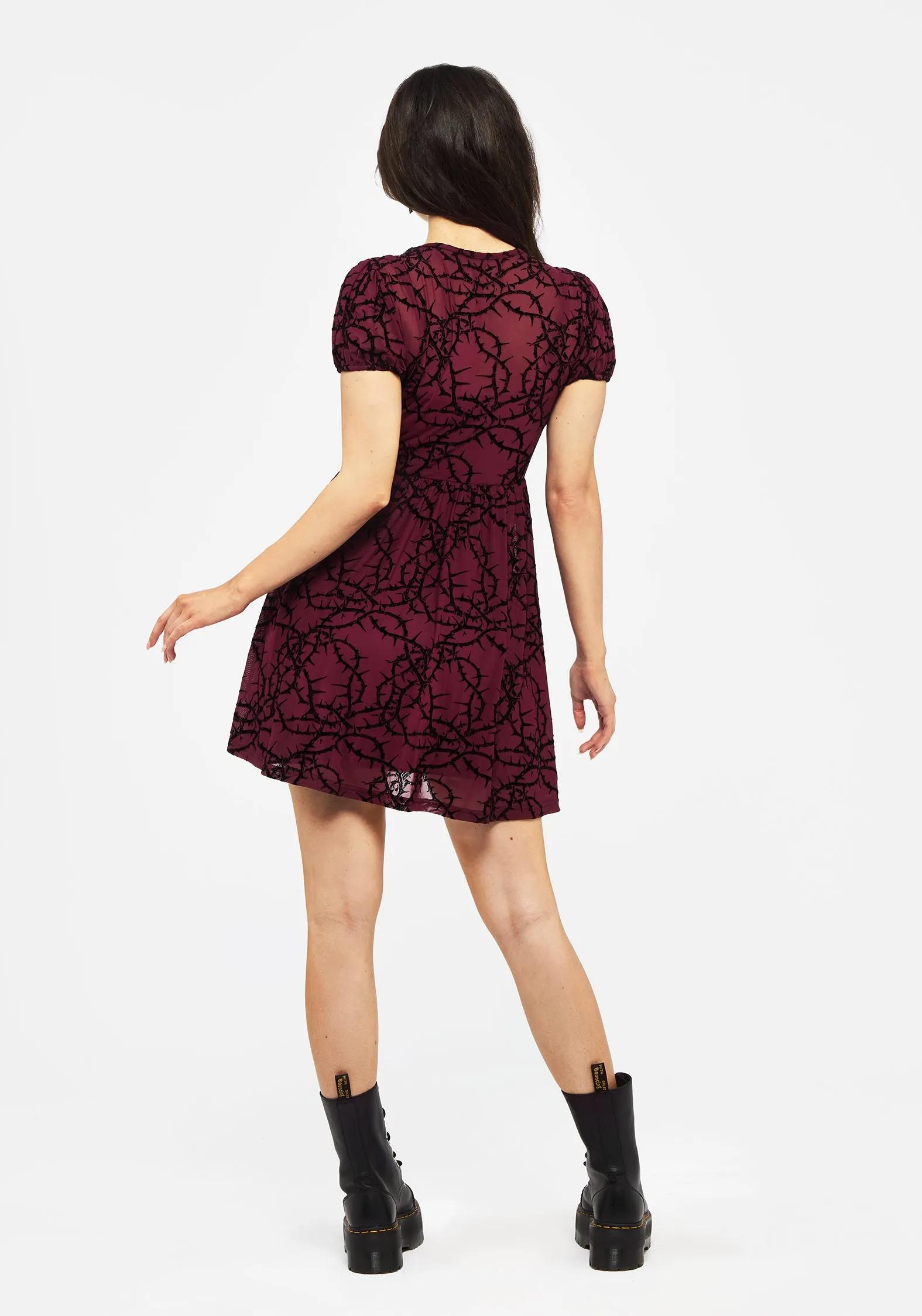 Bright sun dress Prickle Thorn Print Mesh Puff Sleeve Mini Dress