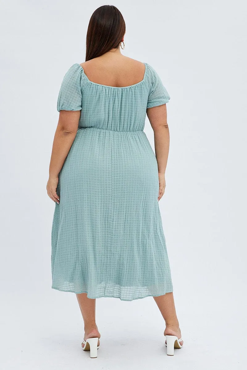 summer breeze Green Midi Dress Check Cotton Puff Sleeve
