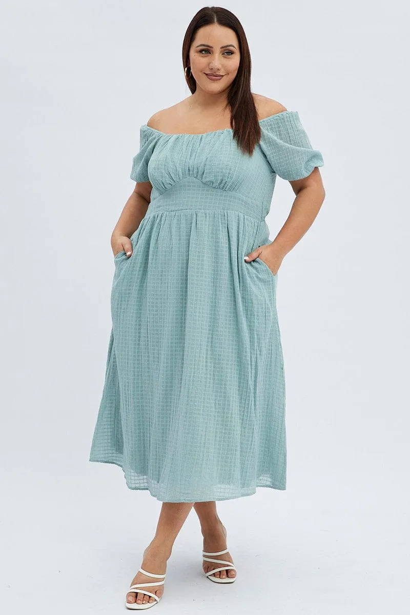 Green Midi Dress Check Cotton Puff Sleeve Comfortable Style