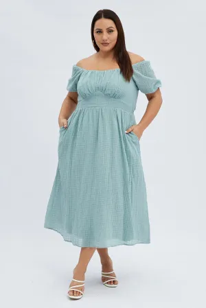 Green Midi Dress Check Cotton Puff Sleeve Flattering fit for all body types