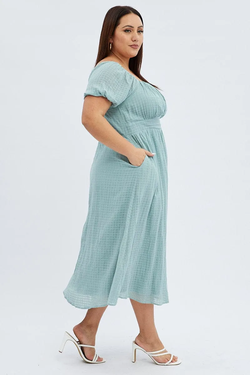 Green Midi Dress Check Cotton Puff Sleeve Stylish Comfort Sophisticated Fit