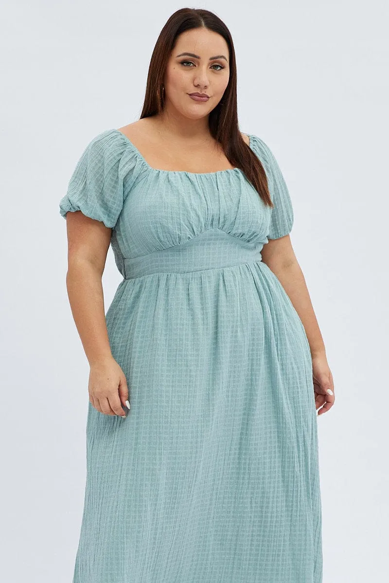 Soft and breathable dress Green Midi Dress Check Cotton Puff Sleeve