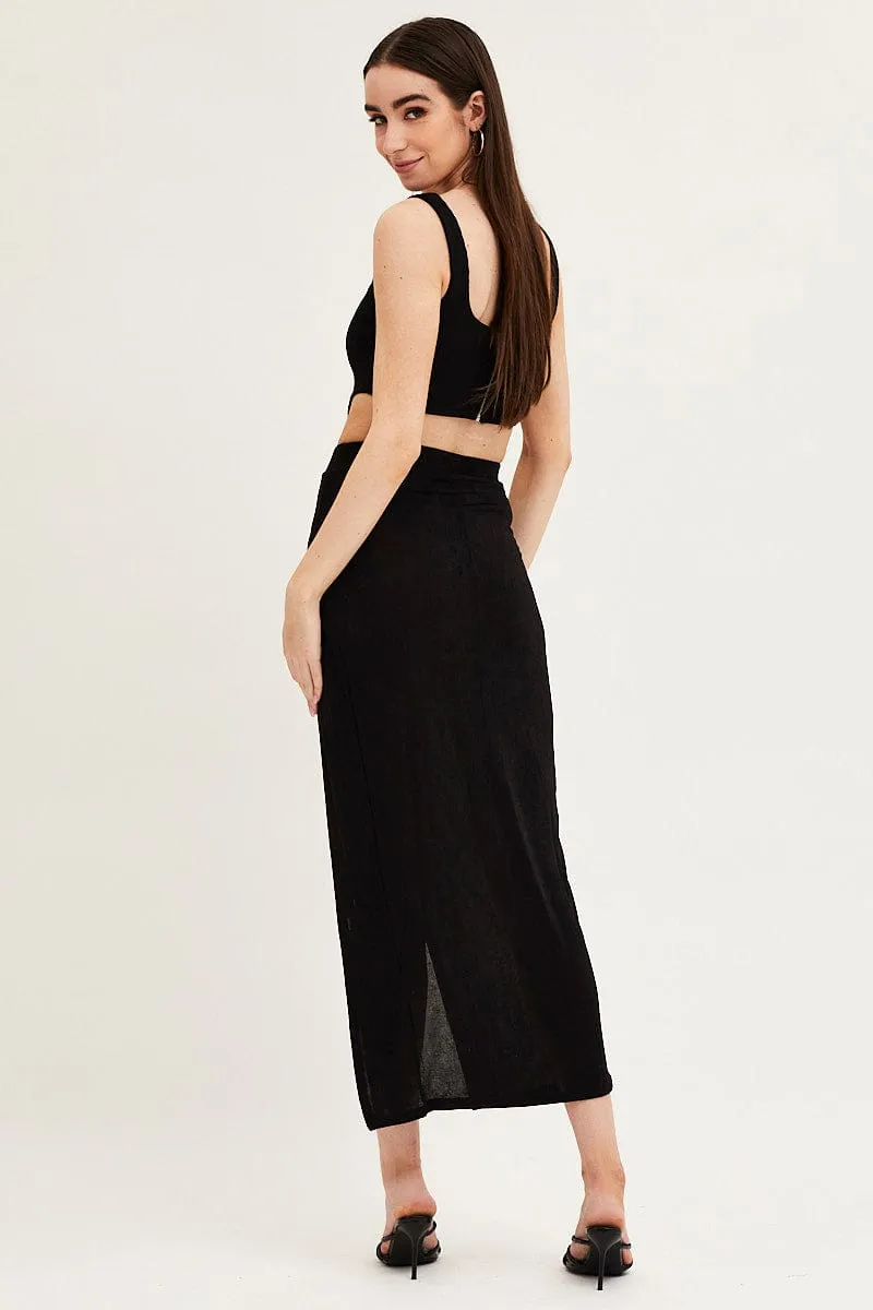 Black Jersey Elastic Waist Front Split Midi Skirt Daily Fashion Mood Outfitboard