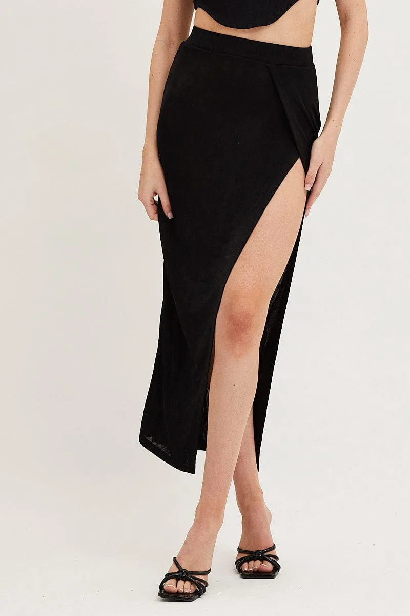 Black Jersey Elastic Waist Front Split Midi Skirt Floor Length Modern Outfit