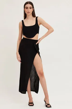 Black Jersey Elastic Waist Front Split Midi Skirt Mood Dressing