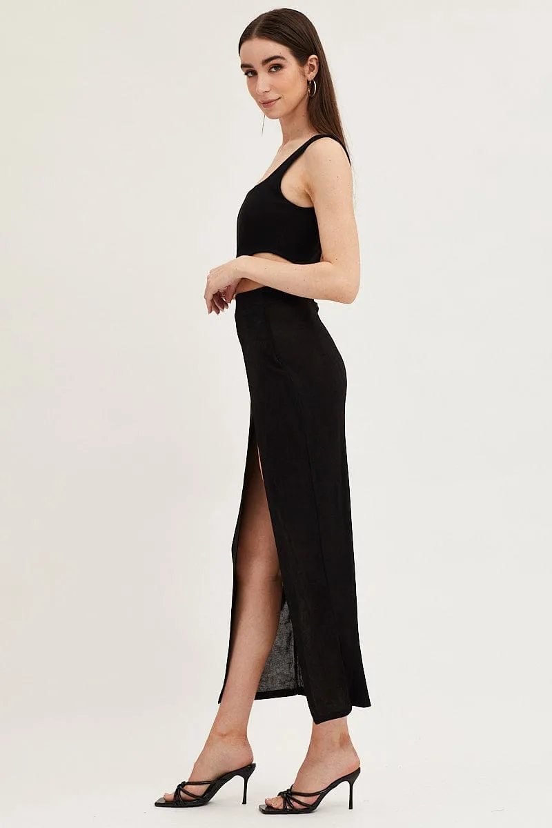 Fresh Look No Ride Up Black Jersey Elastic Waist Front Split Midi Skirt