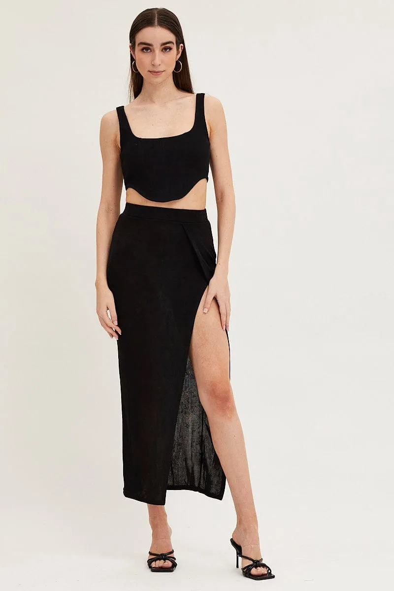 Anti Pilling Treatment Jewel Tones Black Jersey Elastic Waist Front Split Midi Skirt