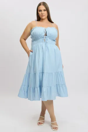 Edgy Youth Blue Midi Dress Sleeveless Tie Front Tiered Textured