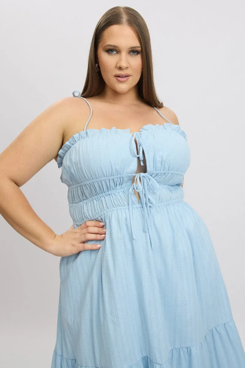 Sleek Silhouette Harbor Walk Blue Midi Dress Sleeveless Tie Front Tiered Textured
