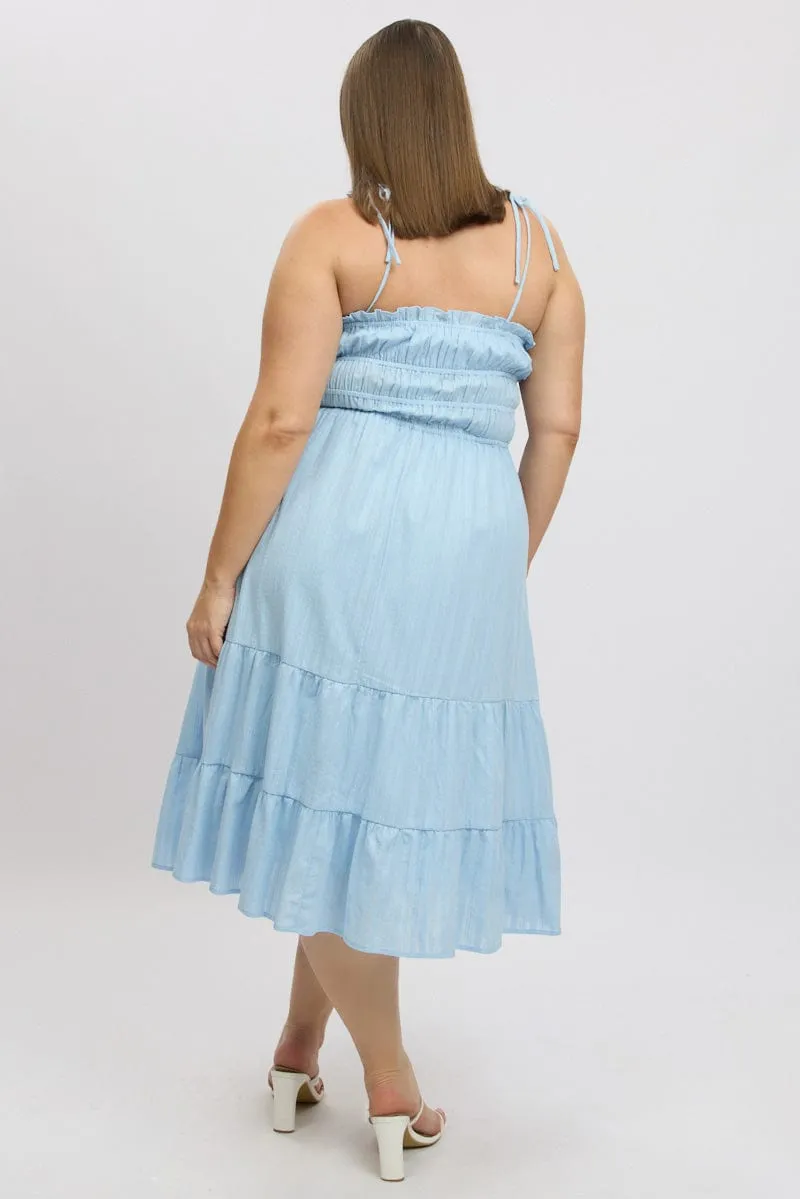 Trendy Comfort Blue Midi Dress Sleeveless Tie Front Tiered Textured