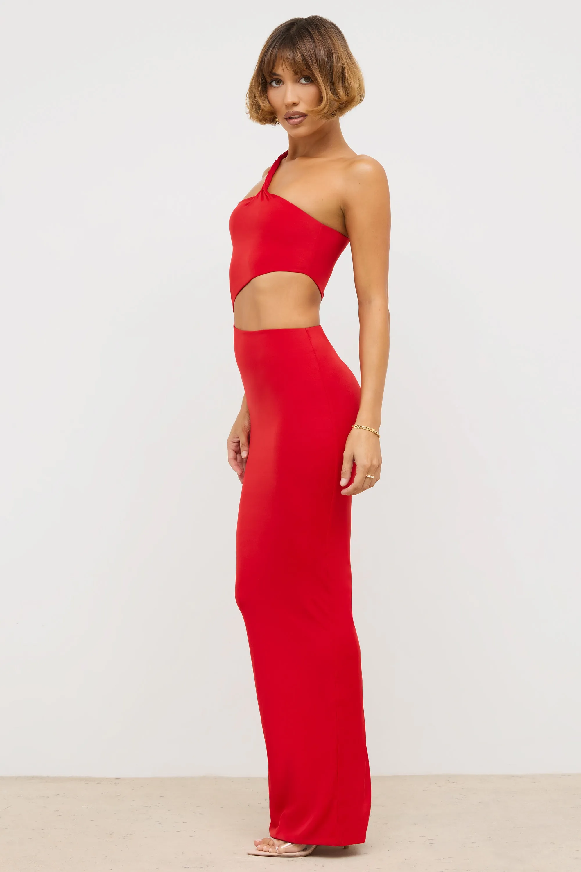 Off Shoulder Emerald Glow Premium Jersey Asymmetric Cut Out Maxi Dress  in Scarlet Red