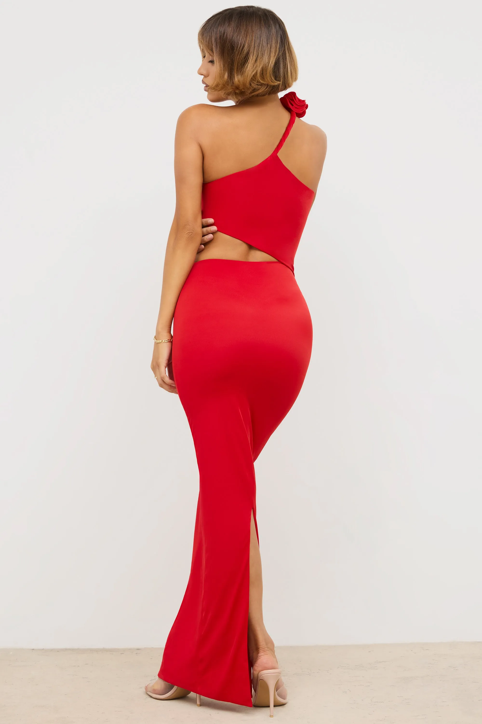 wrap waist Premium Jersey Asymmetric Cut Out Maxi Dress  in Scarlet Red