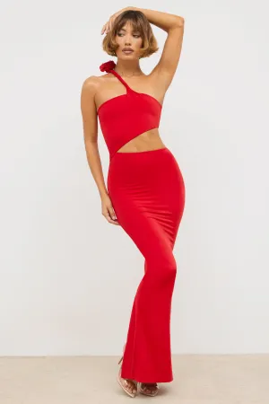 Premium Jersey Asymmetric Cut Out Maxi Dress  in Scarlet Red Tassel Glow Wind Proof