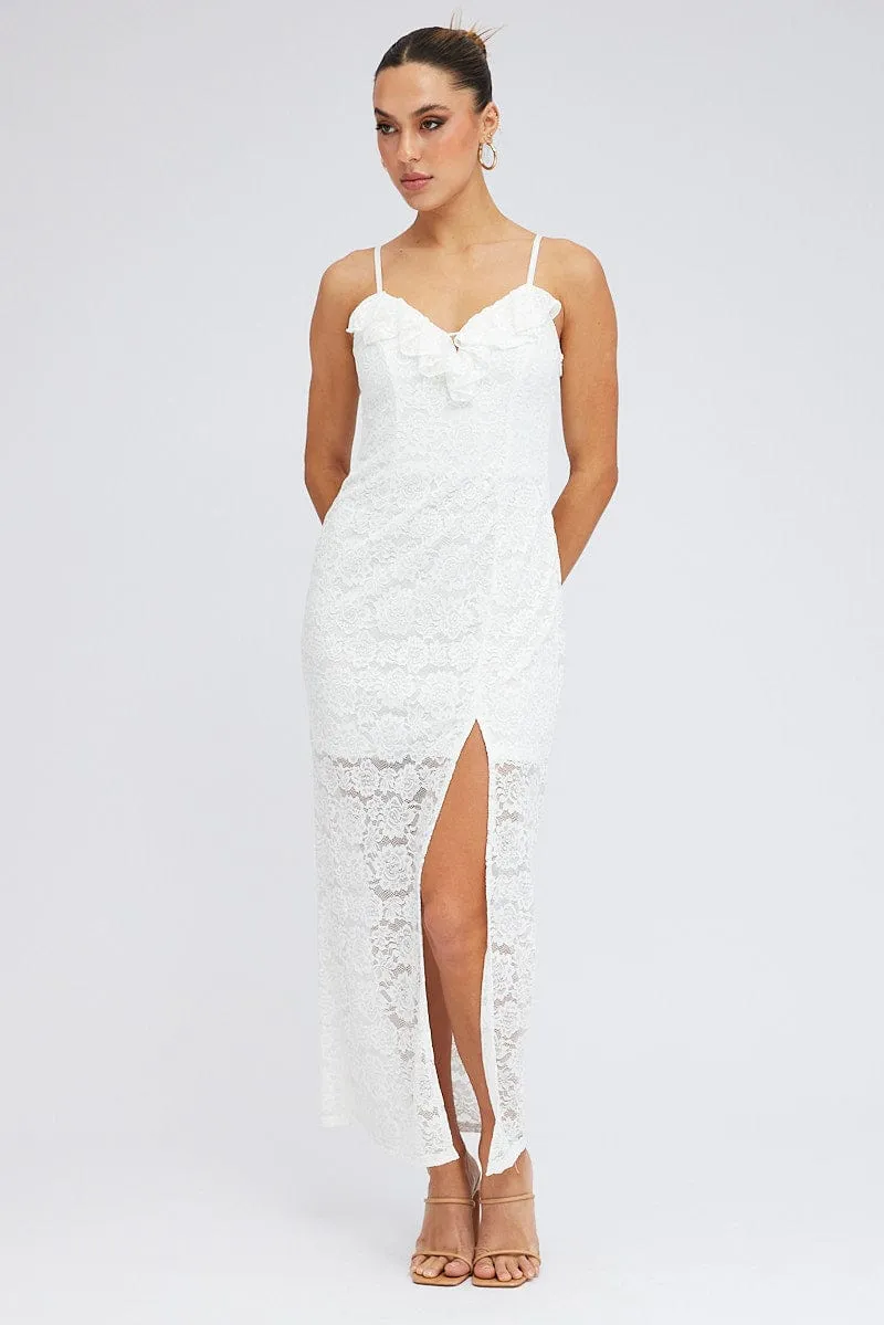 White Maxi Dress Sleeveless Side Split Lace Soft Pink