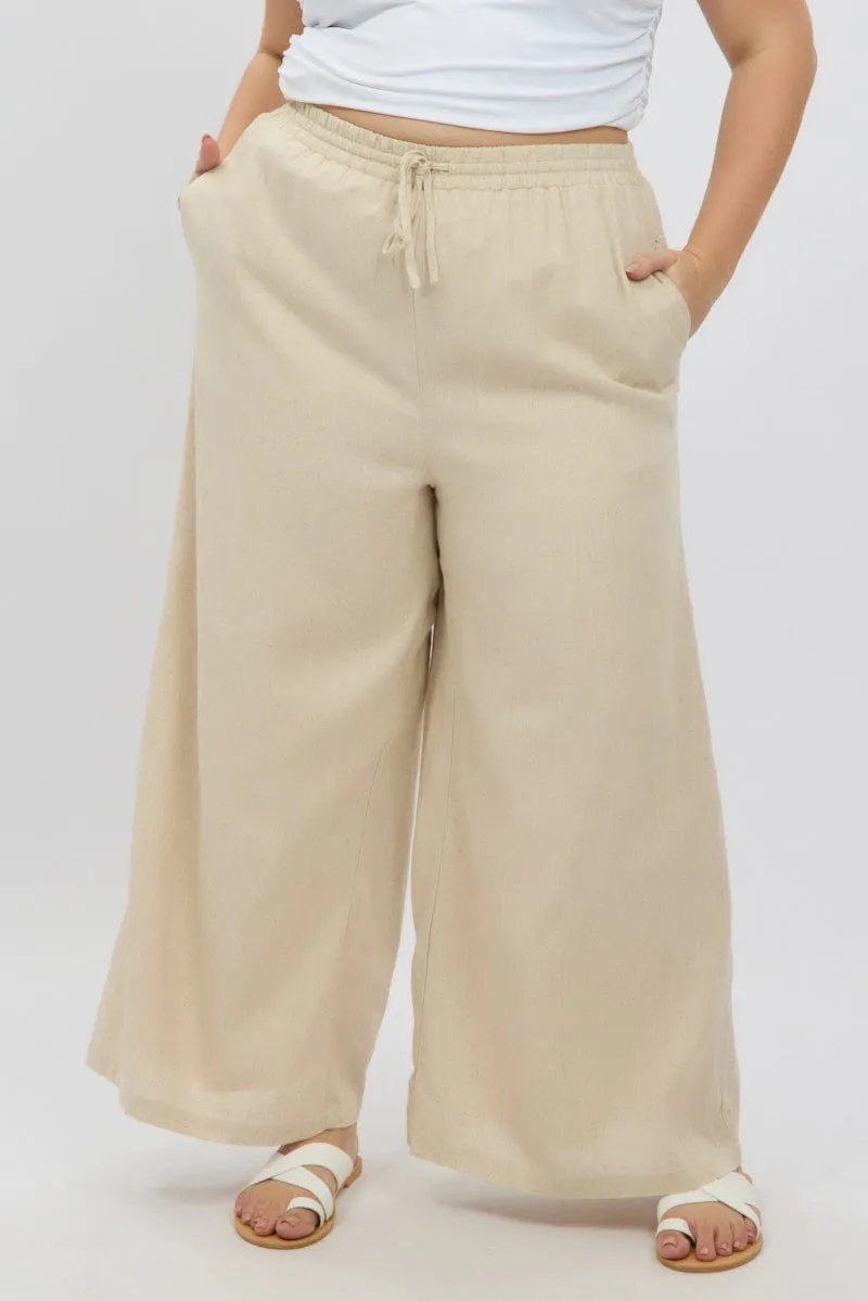 WrinkleFreeFabric AllDayCompression Beige Elastic Waist Wide Leg Linen Viscose Pants