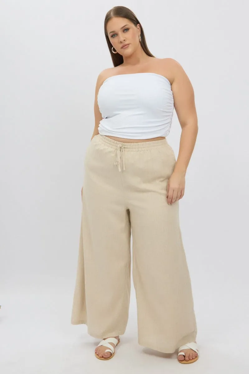 Beige Elastic Waist Wide Leg Linen Viscose Pants Chic casual