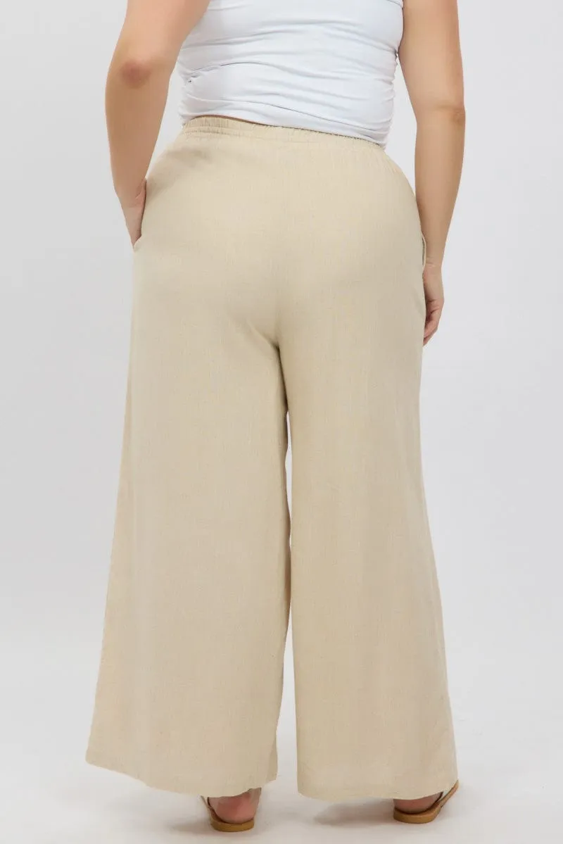 Quick Cool Chic Look Beige Elastic Waist Wide Leg Linen Viscose Pants