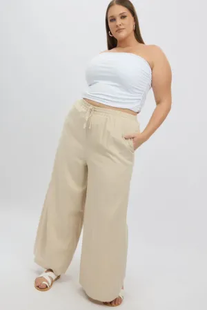 QuickReleaseBuckle Quick Motion Beige Elastic Waist Wide Leg Linen Viscose Pants