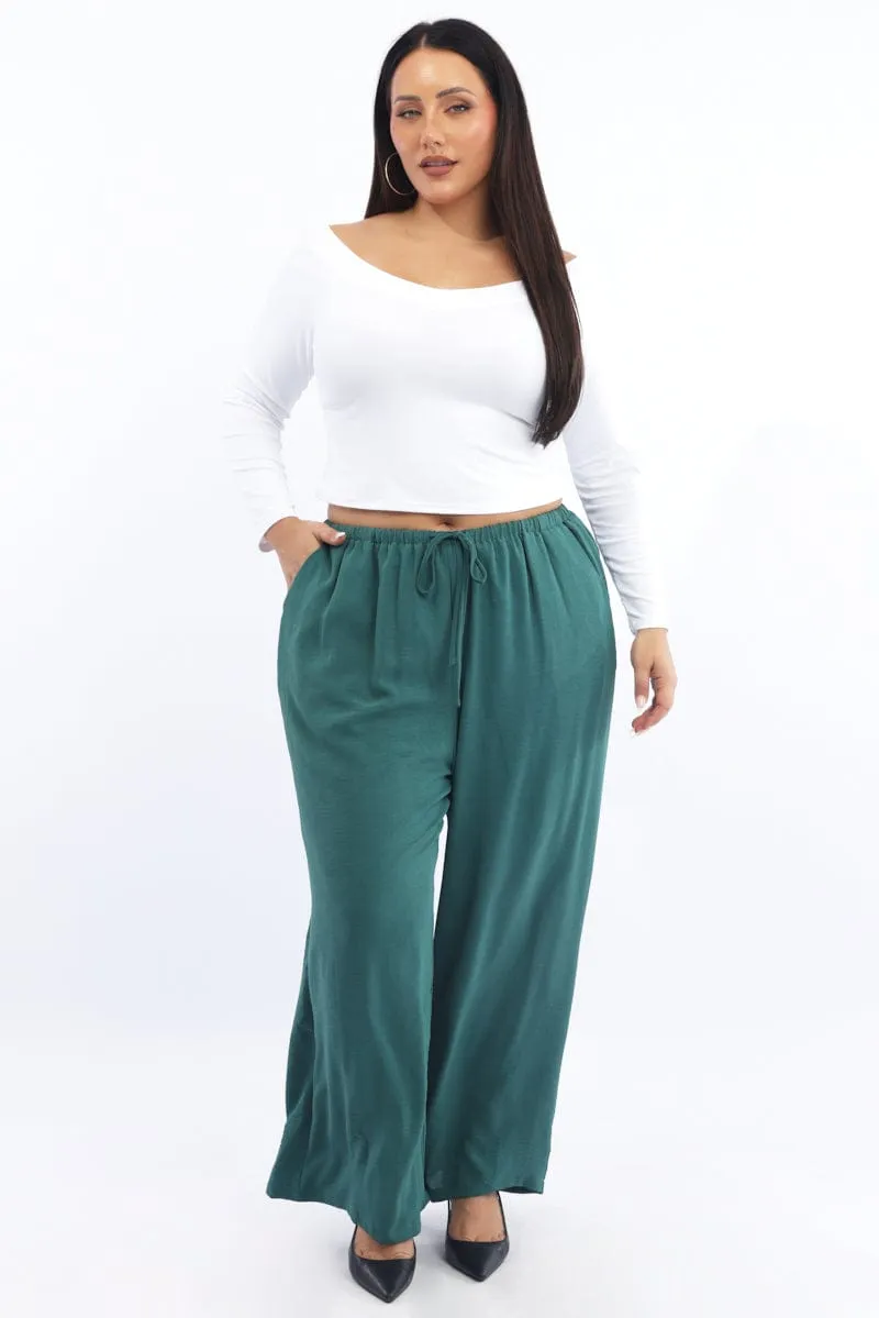 Modern Style Green Textured Georgette Lined Wide Leg Pants