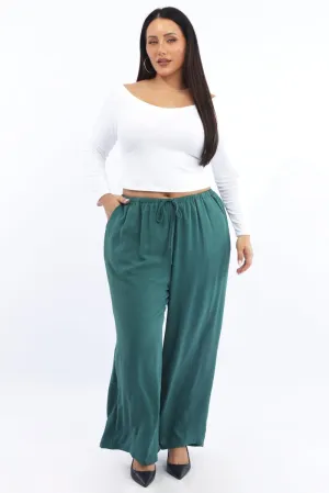 Modern Style Green Textured Georgette Lined Wide Leg Pants