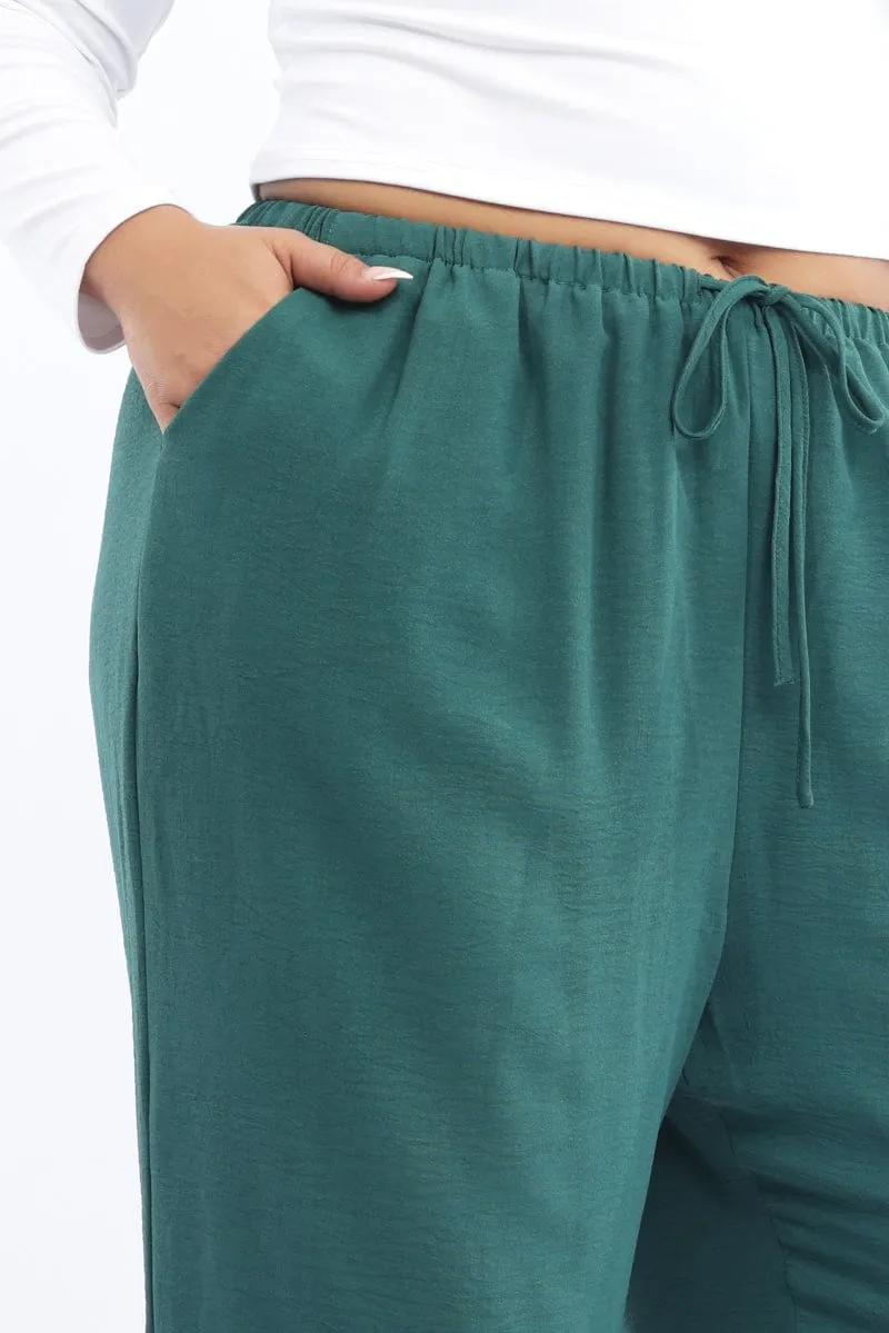 Workwear Green Textured Georgette Lined Wide Leg Pants