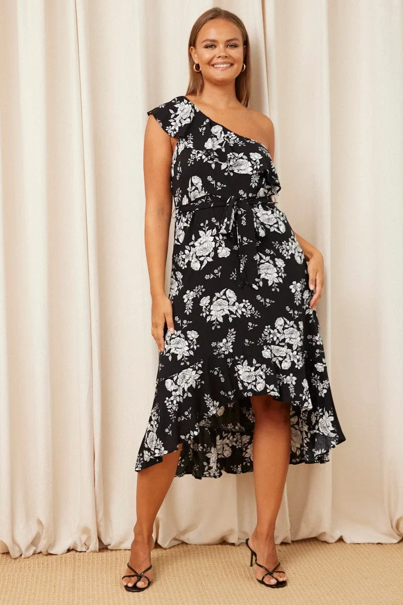 Seasonal Comfort Modern Style Trop Print Midi Dress One Shoulder Sleeveless