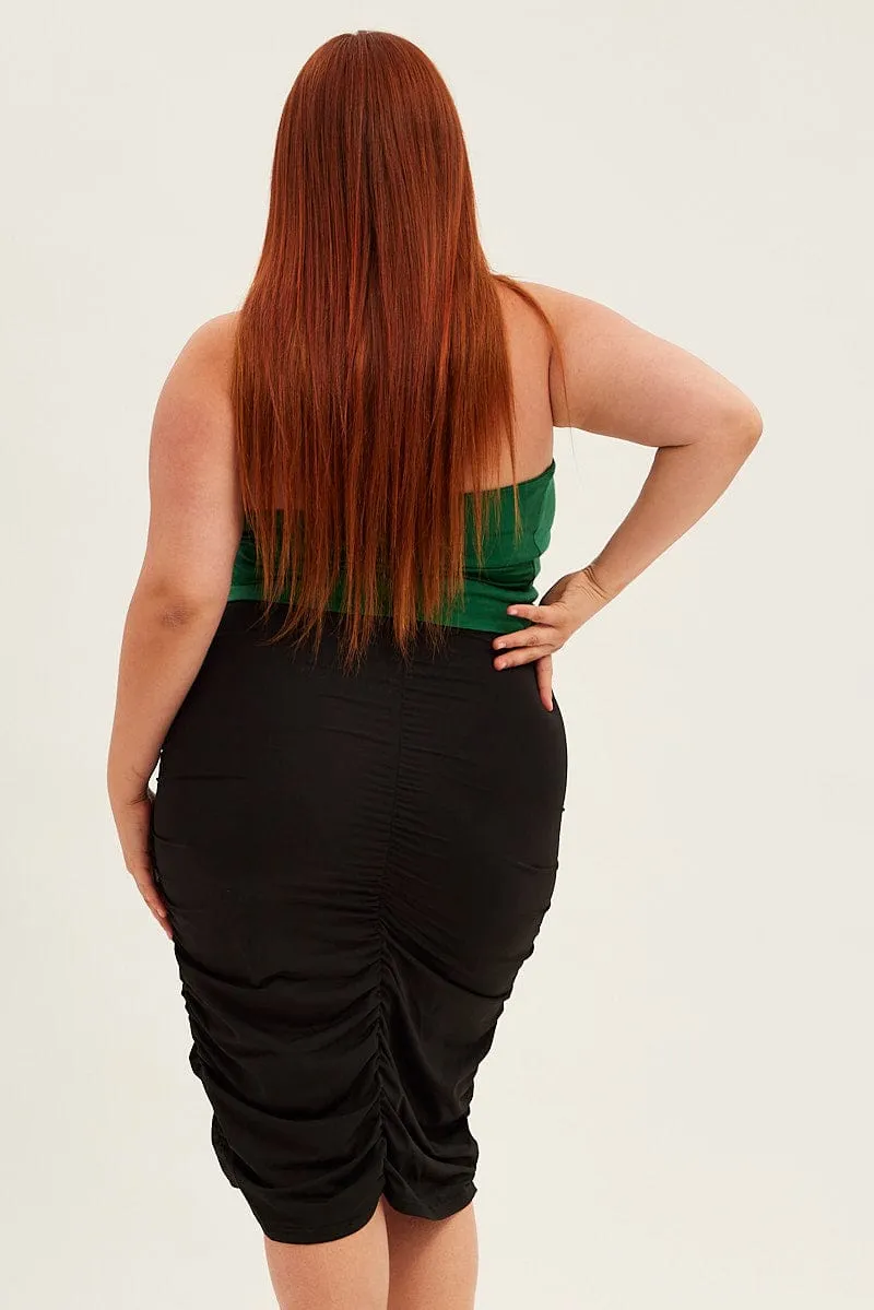 Black Knee Skirt Jersey Ruched Bodycon Adjustable Waistband