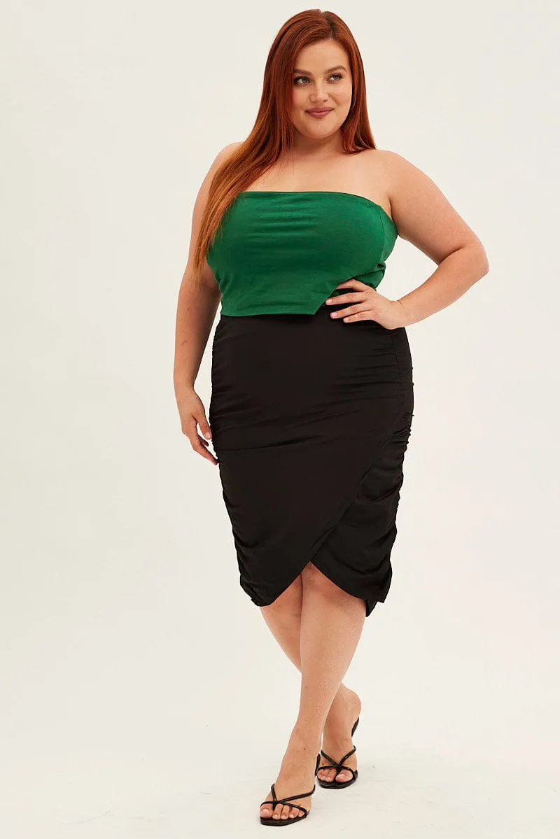 Non Slip Waist Black Knee Skirt Jersey Ruched Bodycon