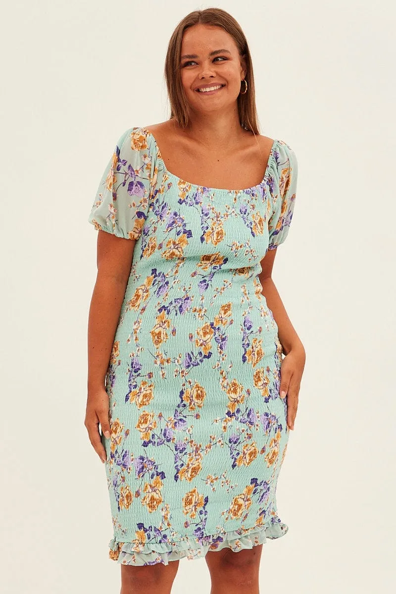 Stylish work-to-weekend outfit Green Floral Bodycon Dress Short Sleeve Off Shoulder Shirred