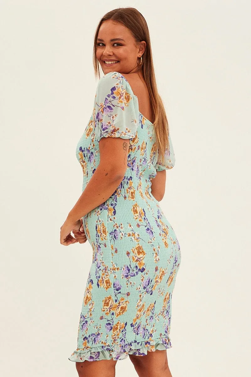 Green Floral Bodycon Dress Short Sleeve Off Shoulder Shirred Trail Walk