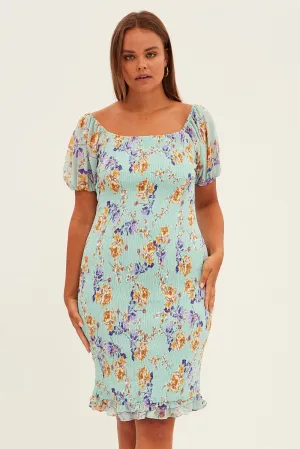Smart Outfit Green Floral Bodycon Dress Short Sleeve Off Shoulder Shirred