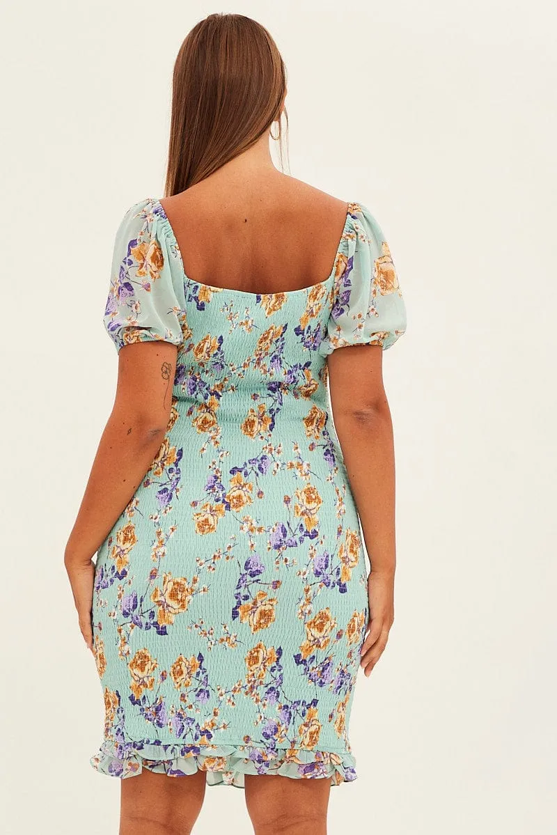 Charity Gala Layer Light Green Floral Bodycon Dress Short Sleeve Off Shoulder Shirred