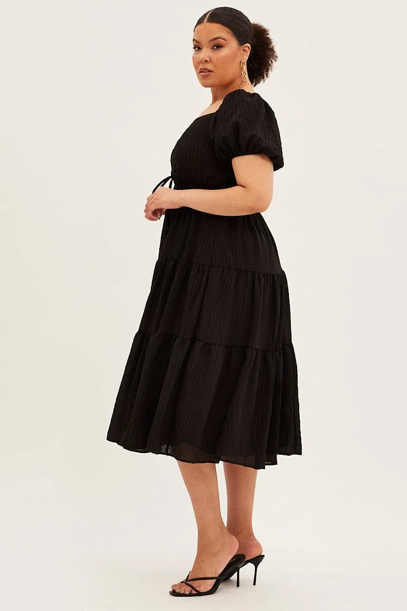Black Midi Dress Short Sleeve Cut Out Textured Elegant knee-length dress