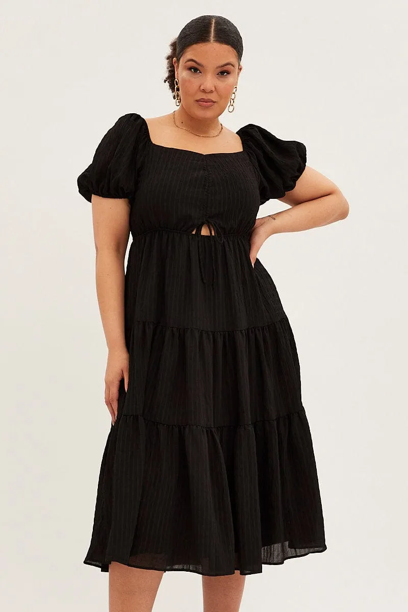 Urban Casual Feel Good Black Midi Dress Short Sleeve Cut Out Textured