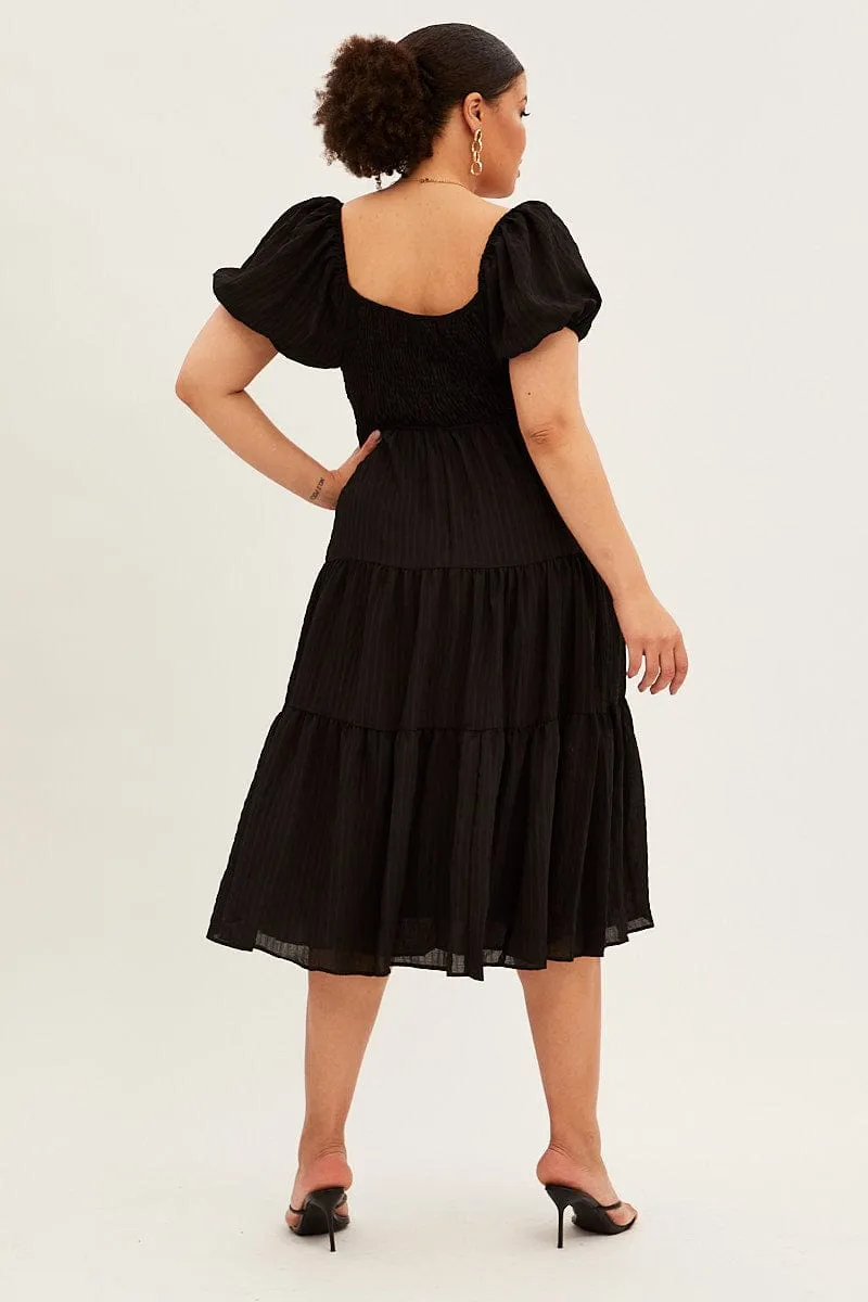 Modern Grace Black Midi Dress Short Sleeve Cut Out Textured