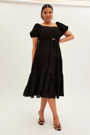 Effortless Wear Black Midi Dress Short Sleeve Cut Out Textured