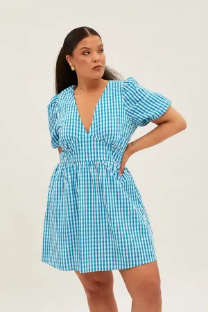 Easy Fashion Elegant Layers Blue Check Midi Dress Short Puff Sleeve V-neck Gingham