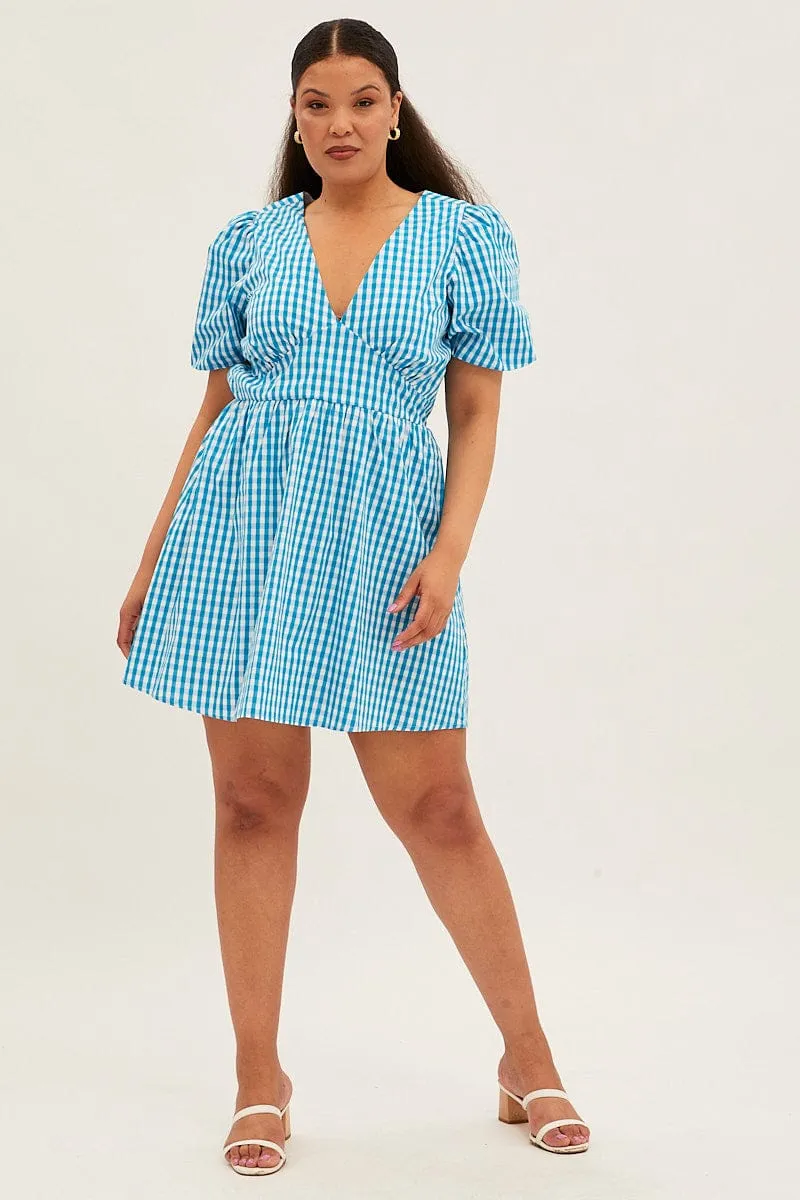 Blue Check Midi Dress Short Puff Sleeve V-neck Gingham Smart Casual Timeless elegance