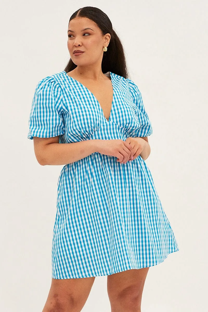 Wood Scent Season Proof Blue Check Midi Dress Short Puff Sleeve V-neck Gingham