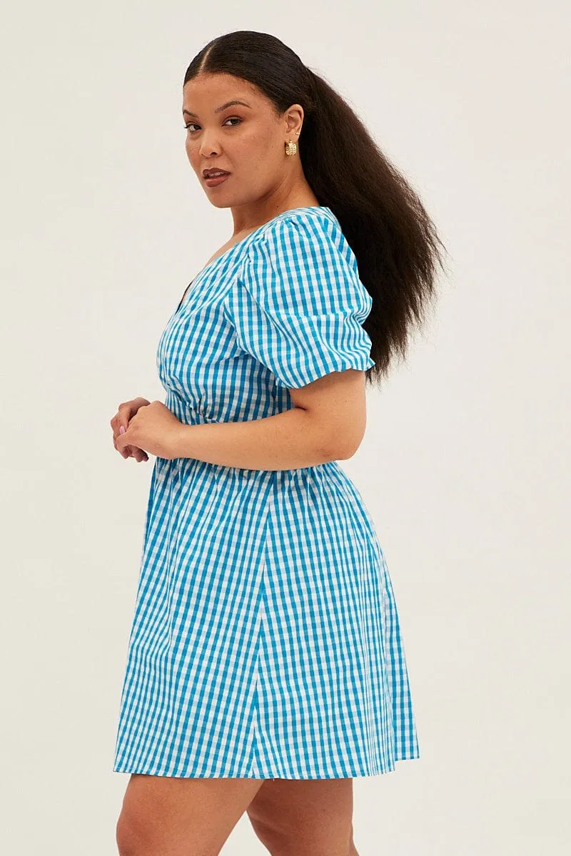 Blue Check Midi Dress Short Puff Sleeve V-neck Gingham Fashionable Fit Modern Comfort