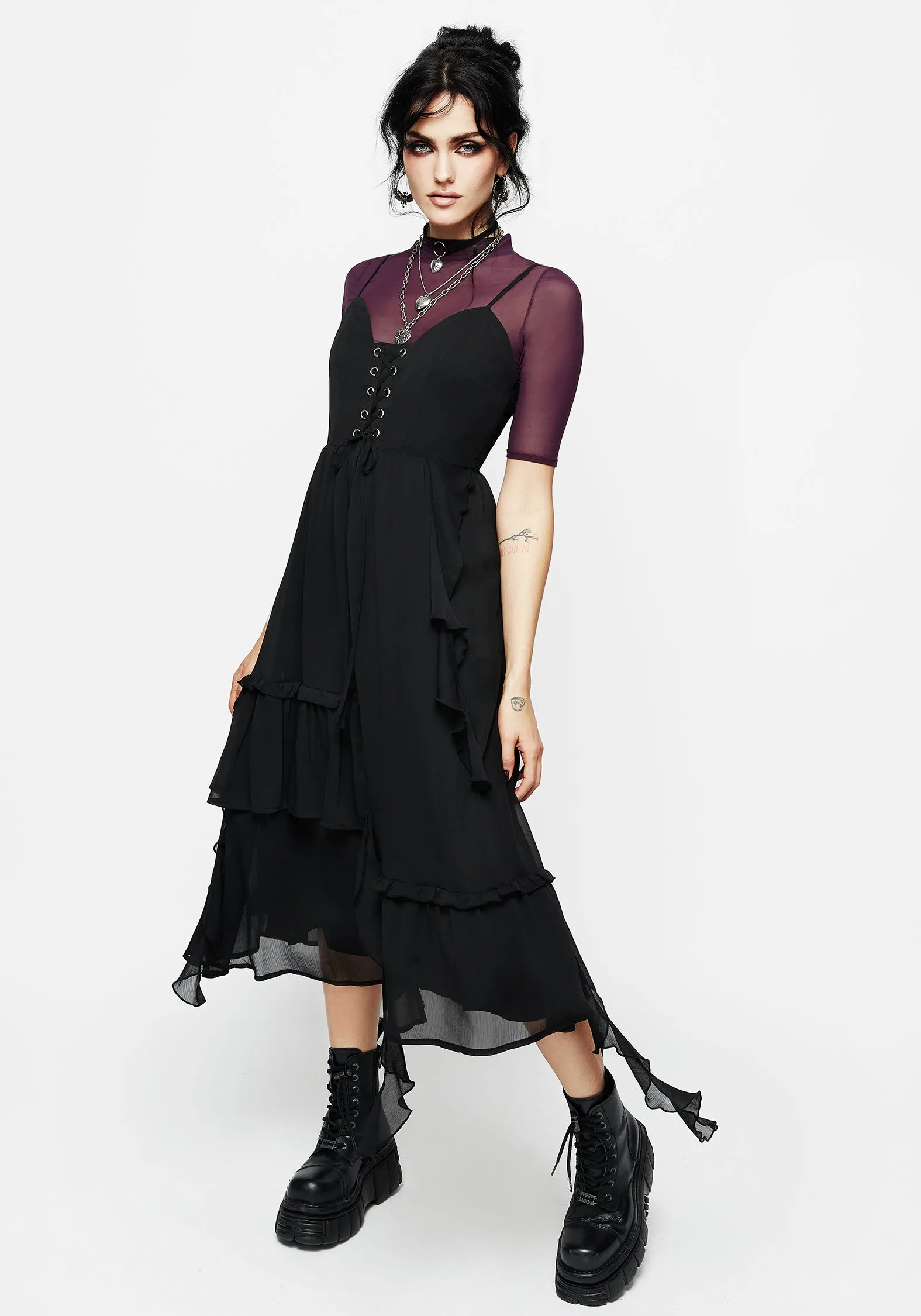 Corsair Lace Front Asymmetric Midi Dress Flattering Cut