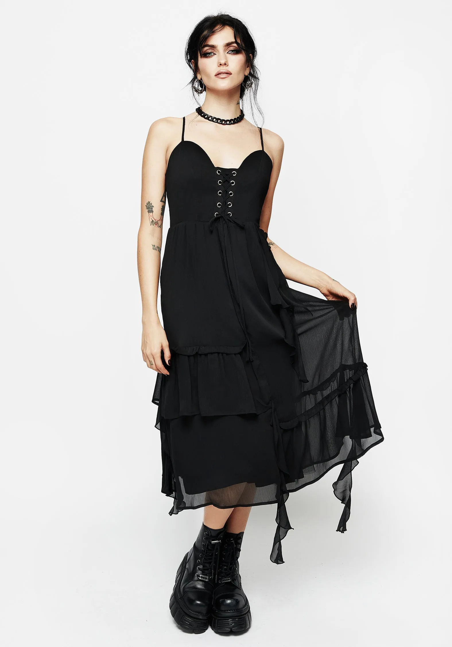 Light Dance Corsair Lace Front Asymmetric Midi Dress