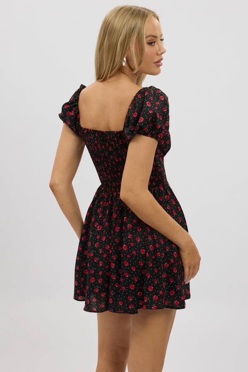 Black Ditsy Fit And Flare Dress Mini Chic short-length dress Beat Star