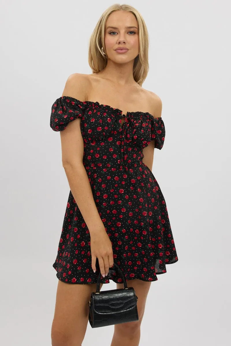 Black Ditsy Fit And Flare Dress Mini No Ride Up Fresh Edge