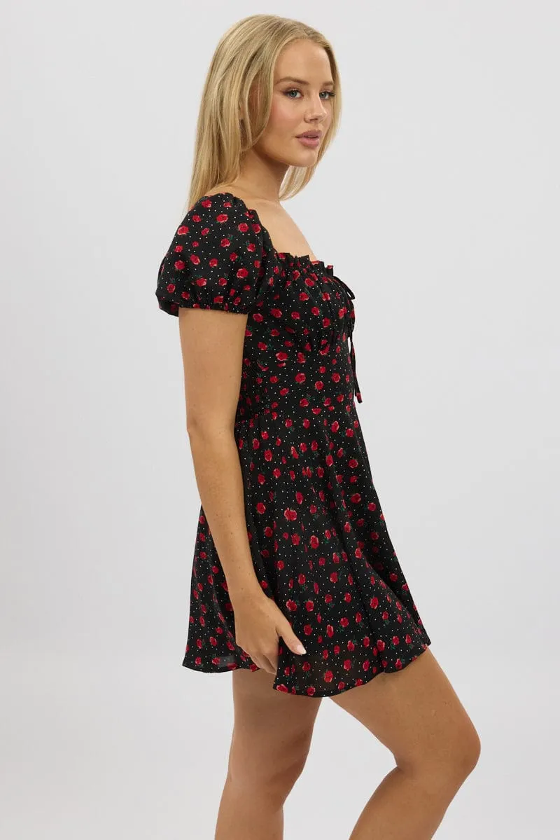 Star Pop Black Ditsy Fit And Flare Dress Mini