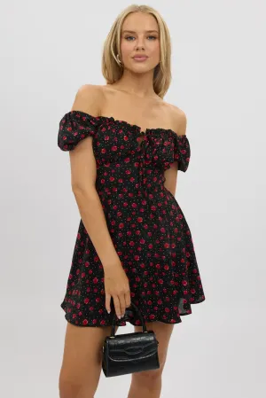 Black Ditsy Fit And Flare Dress Mini No Ride Up Fresh Edge