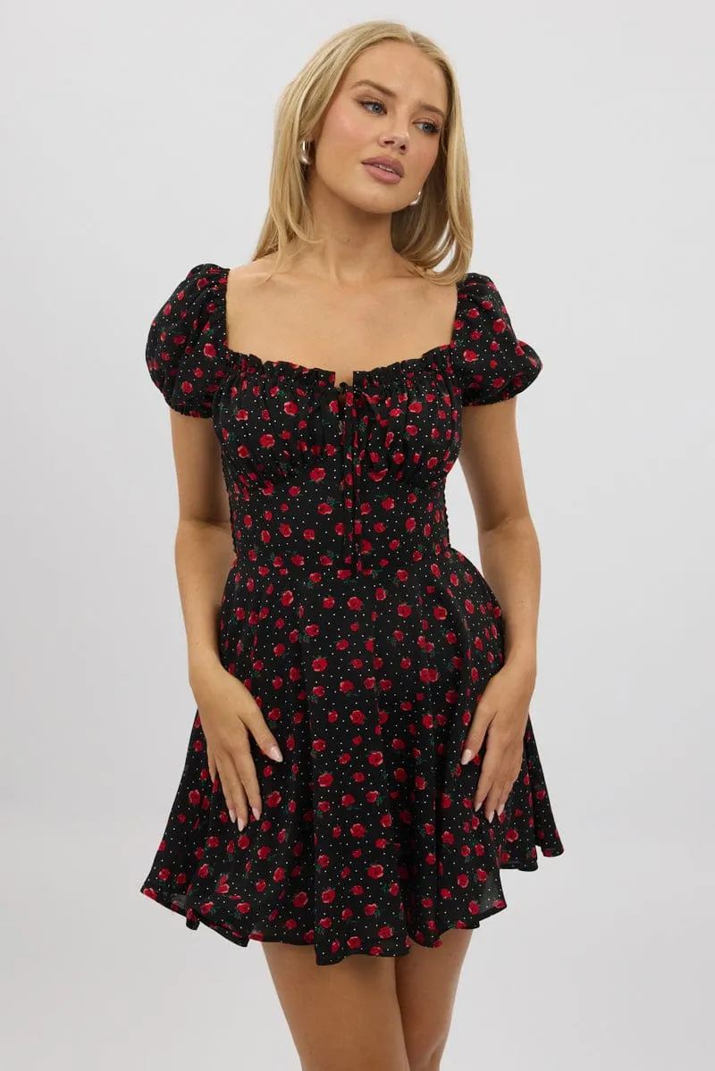 Black Ditsy Fit And Flare Dress Mini Non Restrictive