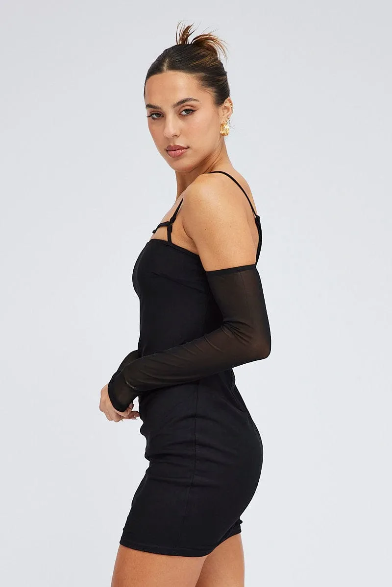 Scene Sharp Trend Edge Black Mini Dress Long Sleeve Cold Shoulder Bodycon Mesh